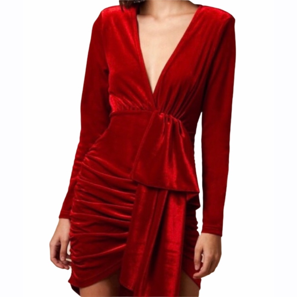 New!‎ choosy Red Velvet Ruched Plunge Neckline Dress Women’s Size Small